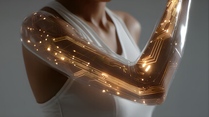 Poster - Woman showing futuristic bionic arm with glowing circuits