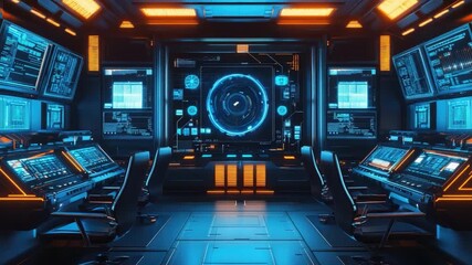 Poster - Futuristic Control Room with Neon Lights and High-Tech Displays in Sci-Fi Style 4k video footage