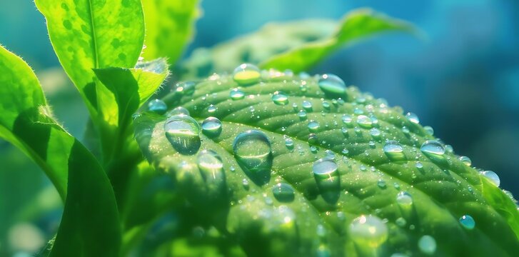 Close Up of Dew Drops on Plant with Blue Background