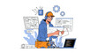 © MFelicity - Young engineer designing innovative technology with blueprint and laptop in modern workspace