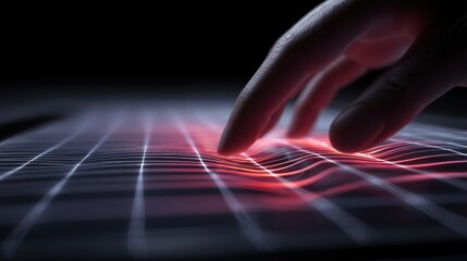 Poster - A close-up of a hand interacting with a glowing, grid-patterned digital interface, highlighting futuristic technology and touch control, interactive-human-touch with AI