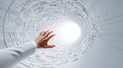 Poster - A hand reaches toward a bright light at the end of a tunnel filled with abstract digital circuitry and futuristic lines, interactive-human-touch with AI
