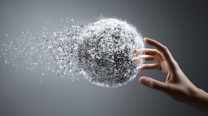 Poster - A hand reaches toward a digital sphere made of scattered particles dissolving into the surrounding space, interactive-human-touch with AI