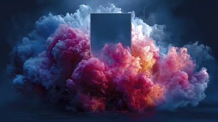 Poster - A surreal image of a tall rectangular mirror surrounded by vibrant, colorful clouds in shades of blue, pink, and orange against a dark background, AI integrated mobile