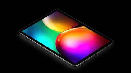 Poster - A sleek tablet with a vibrant, colorful display floats against a black background, highlighting its modern design and sharp screen quality, AI integrated tablet