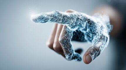Poster - A digital hand made of glowing network lines reaches forward, blending virtual and real elements in a futuristic, technological representation, interactive-human-touch with AI