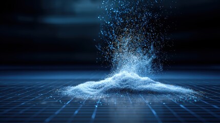 Poster - A digital visualization of blue particles rising from a glowing, wavy surface on a dark grid background, creating a futuristic and dynamic effect, interactive-human-touch with AI
