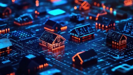 Poster - Futuristic Digital Cityscape with Glowing Houses on Circuit Board Background for Technology and Urbanism Concepts 4k video footage