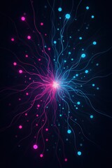 Poster - A vibrant digital artwork featuring an intricate network of interconnected nodes pulsating with brilliant pink and blue light against a dark backdrop. 