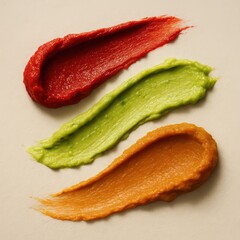 Poster - A vibrant medley of colorful swashes of tomato and avocado paste alongside with orange mixture, evoking a sense of culinary creativity.