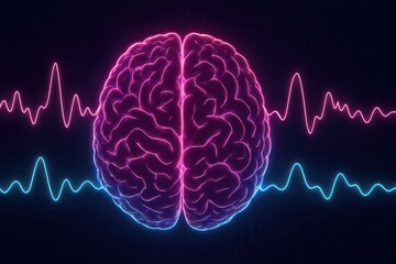 Poster - An artistic neon brain illustration with light waves that shows of the complexity of human thought, ideal for use in presentations.