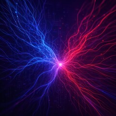 Poster - A striking, photorealistic digital art of two colored energy streams, emanating from a central point, creating a visual spectacle. Capturing the essence of power, technology and innovation.