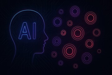 Poster - An illuminated outline of a human head is juxtaposed against an array of digital circles, symbolizing the complex and evolving world of artificial intelligence.