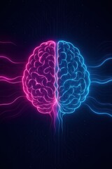 Poster - Illuminated conceptual representation of the human brain, showcasing the left and right hemispheres with vibrant neon illumination.