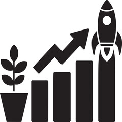 Poster - Growth and startup concept: business chart with arrow, plant and rocket for success and investment