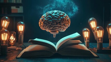Poster - Illuminated Brain Concept Above Open Book with Vintage Light Bulbs in a Dark Library Setting 4k video footage