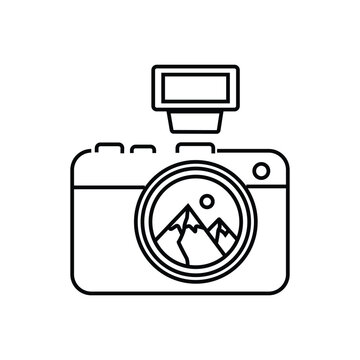 Camera with image icon in outline style representing photography photo shoot media content picture snapshot lens and digital visual documentation concept

