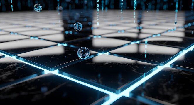 Captivating digital landscape showcasing floating spheres and binary code on a luminous tile grid, blending tech and elegance. 