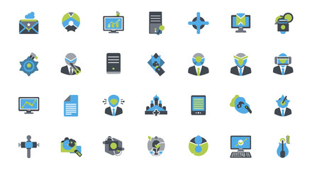 Poster - A flat style data analysis icons set illustrating chart, data, and statistics with various symbolism, for technology solutions and business concept