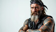 © abu - Close-up portrait of a rugged biker with tattoos and leather vest on a bright white background.