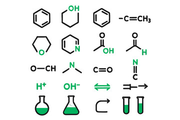 Poster - A chemical compound composition featuring molecular structures and laboratory equipment, useful for organic chemistry studies, education, and scientific research illustrations