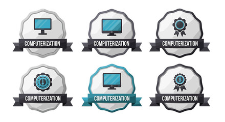 Poster - A computerization emblems set, six distinct graphic signs depict modern computerization and automation concepts, suitable for website badges or promotional materials.