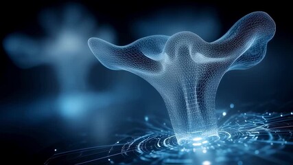 Poster - Complex geometric shape made of glowing blue particles emerging from a digital surface with concentric waves and light reflections, creating a futuristic and innovative atmosphere