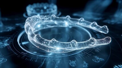 Poster - Futuristic holographic projection of a jaw bone rotating on a digital display, illustrating advancements in medical innovation for diagnostics and treatment within healthcare technology