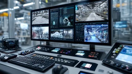Poster - Multiple screens displaying real time data and video feeds enhance efficiency and automation in a cutting edge industrial setting, showcasing the power of industry 4.0