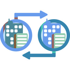 Poster - Two city buildings connected by arrows symbolizing exchange or transfer