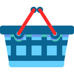 Poster - Stylized blue shopping basket with red handles on a black background