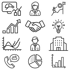 Poster - Collection of business icons including charts, graphs, handshake, and building in black and white style