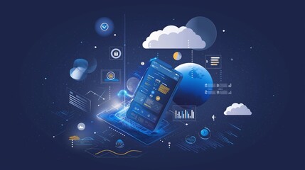 Poster - Futuristic Mobile Device Interface with Holographic Data Overlay - Modern Technology and Innovation Concept.