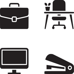 Poster - Office essentials vector illustration: briefcase, desk, computer, and stapler icons for work setup