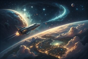 futuristic spaceship navigates a vibrant nebula above a glowing earth cityscape