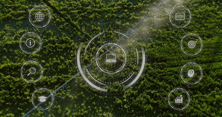 Poster - Overlaying concentric circles and laptop icon on forest canopy with pipeline track and icon buttons