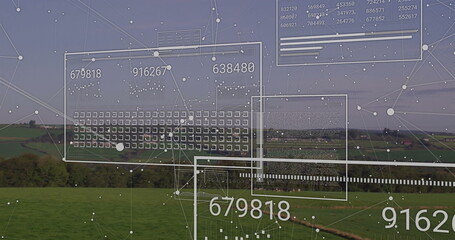 Poster - Displaying network interface overlay on rural farms with panels grids data readouts and bar graphs