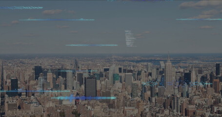 Poster - Displaying urban skyline from aerial view with skyscrapers and spires and digital overlay elements