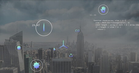 Poster - Projecting circular data readouts over dense metro skyline under cloudy sky, with central tower