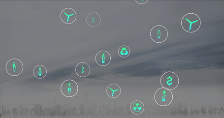Poster - Floating teal-and-white circular icons drifting above city skyline, with energy and finance symbols