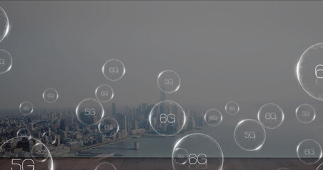 Poster - Floating large translucent sphere labeled 6G above platform at waterfront skyline, with 5G theme