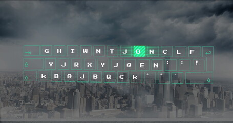 Poster - Floating translucent virtual keyboard overlay hovering over cityscape, with striped green key