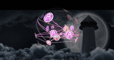 Poster - Floating pink icon globe with links above coastal clouds at night under full moon, with lighthouse