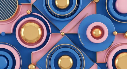 Poster - Abstract Geometric Blue Pink Gold Circles Design - Modern 3D design featuring blue, pink, and gold circles, symbolizing elegance, harmony, technology, luxury, and creativity