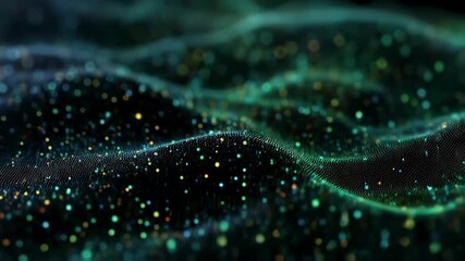 Poster - Abstract digital particles creating a dynamic wavy surface, enhanced by a depth of field effect, evoke a sense of innovation and futuristic design in a modern visual landscape