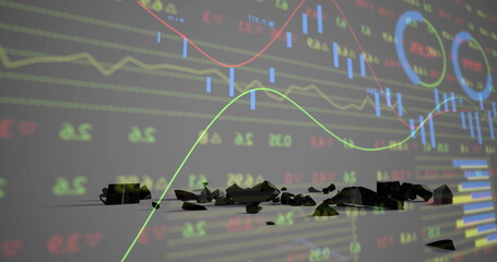Poster - Displaying black rock fragments on reflective floor in digital scene, with financial chart overlay
