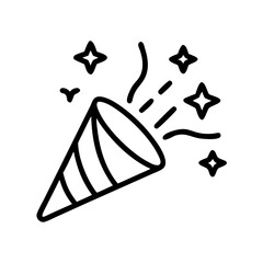 Poster - Illustration of a party popper with stars and streamers in black outline on a white background design