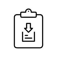 Poster - Clipboard with arrow pointing down into a box icon representing download or data import process symbol