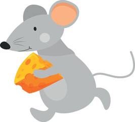 Poster - Adorable cartoon mouse running with a big wedge of cheese, perfect for children's illustrations or any project needing a touch of whimsy