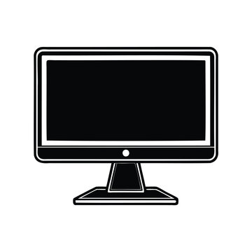 Black and white minimalist illustration of a desktop computer screen and base